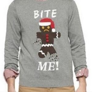 Target "BITE ME" Gray Christmas Sweater with Gingerbread Design